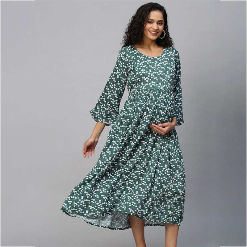 Green & White Floral Maternity Maxi Dress
