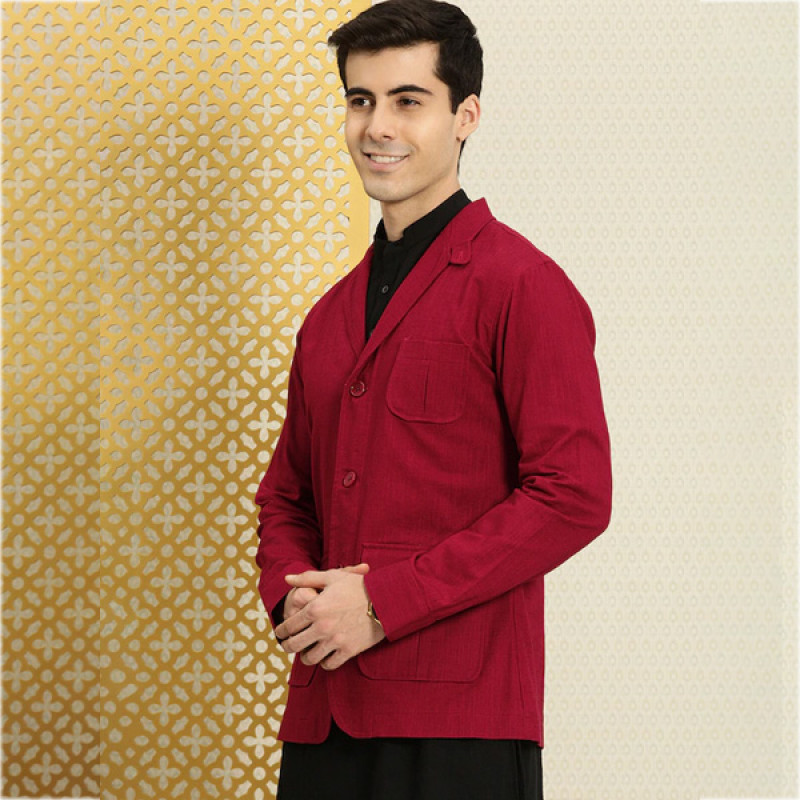 Men Red Solid Single-Breasted Blazer