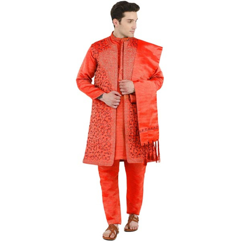 Men's Embroidered 4 Piece Kurta Pajama Sherwani Set