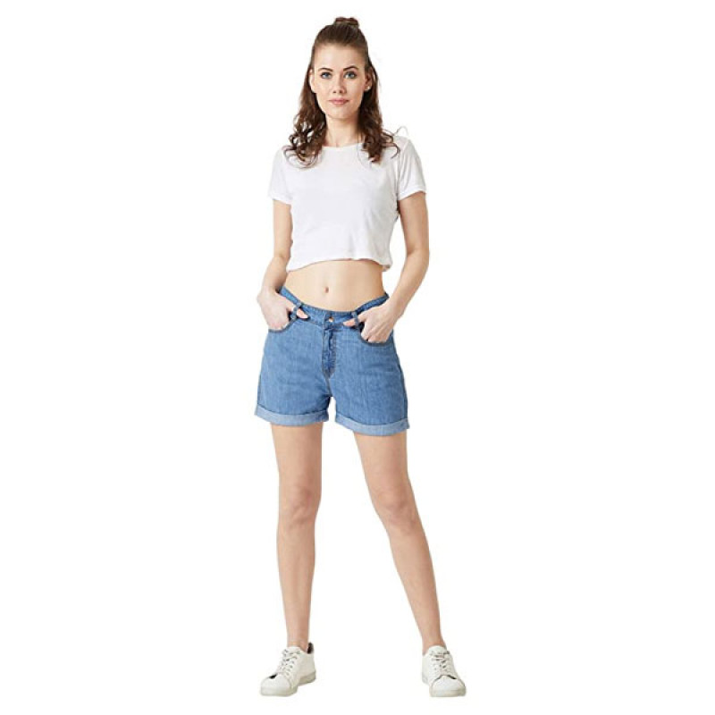 Women's Blue Relaxed Fit Clean Look Regular Length Mid Rise Shorts