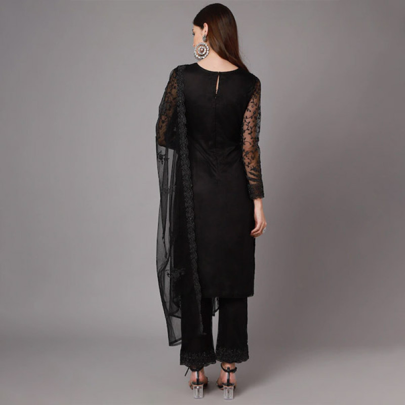 Black Embroidered Net Unstitched Dress Material