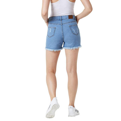 Women's Blue Relaxed Fit Distressed Mid Rise Ripped Fringed Shorts